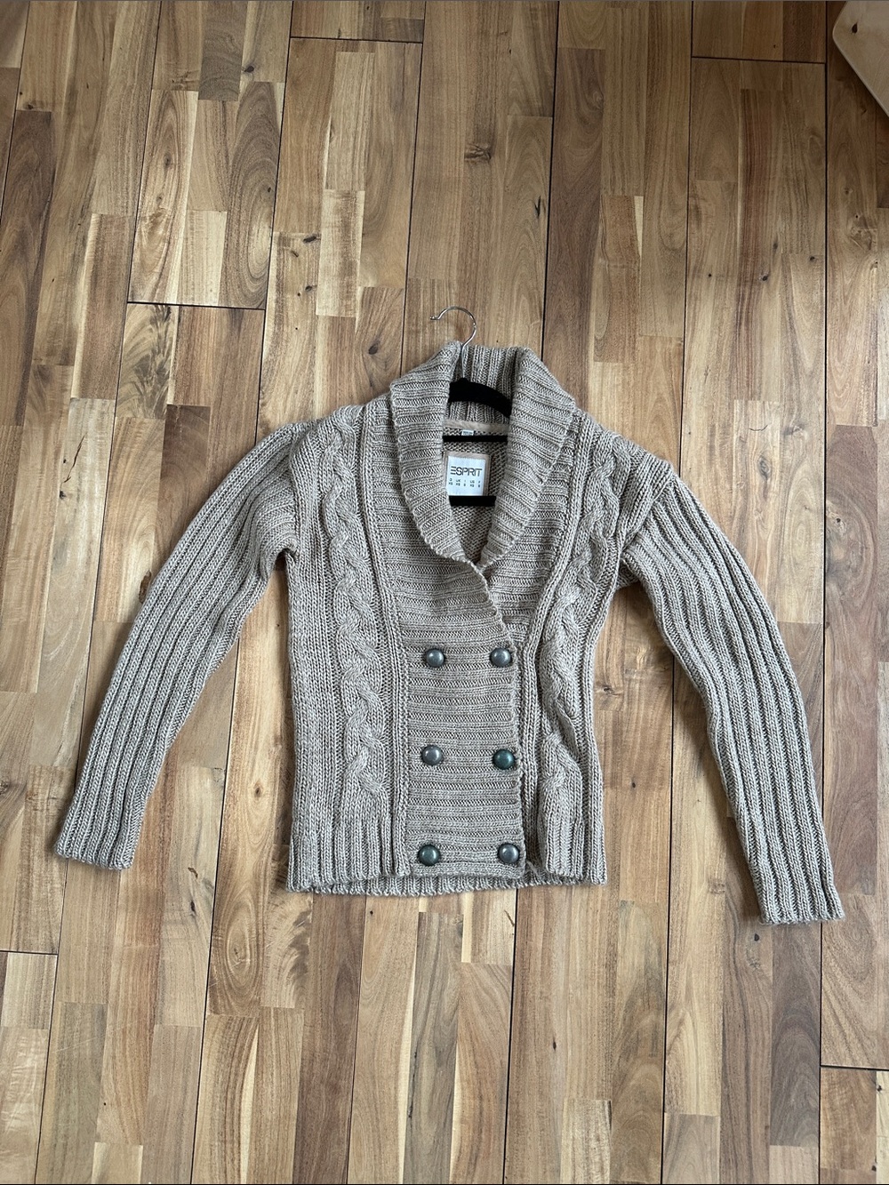 Vintage Esprit Beige Cable-Knit Shawl Collar Double-Breasted Cardigan